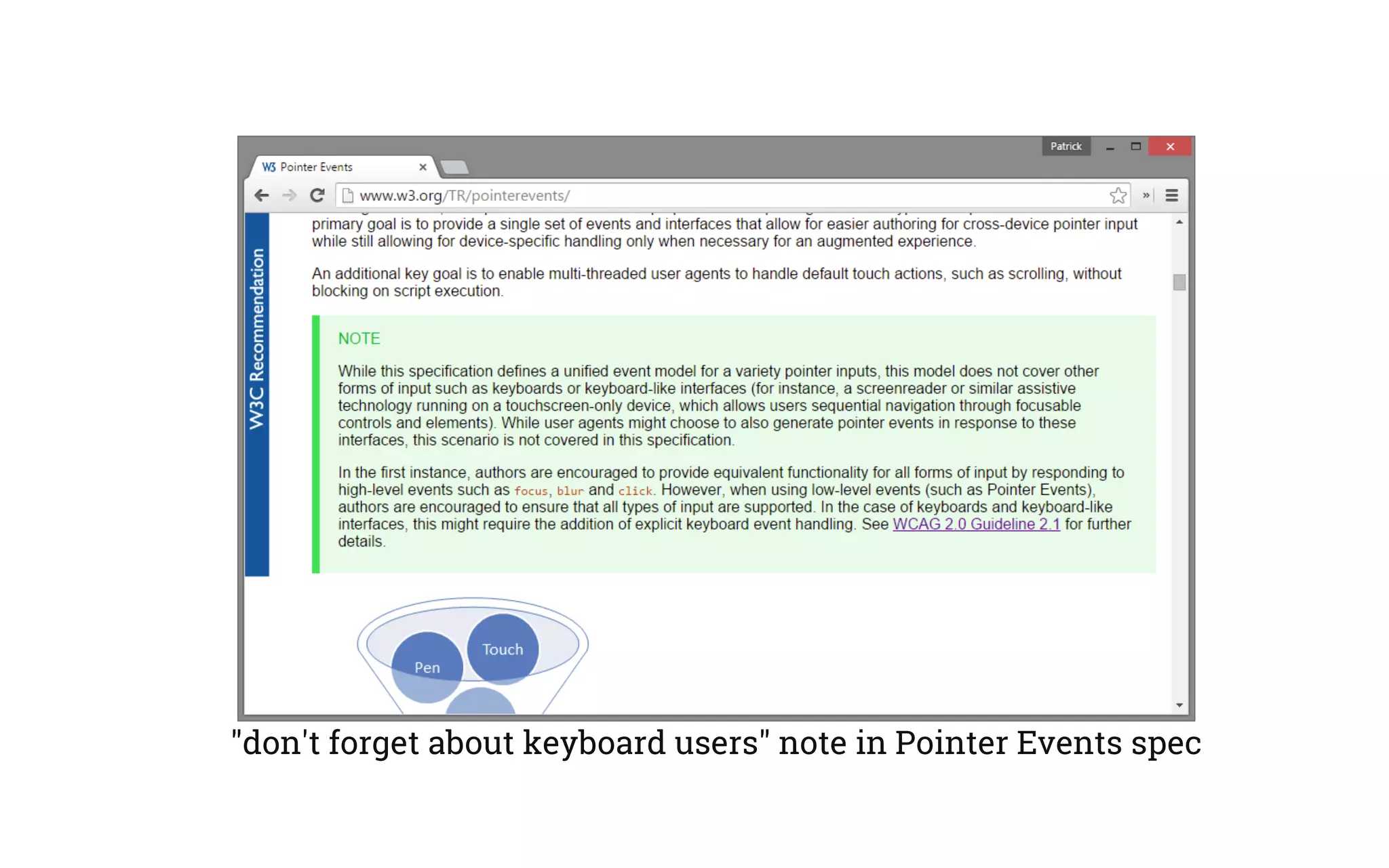 "don't forget about keyboard users" note in Pointer Events spec
 