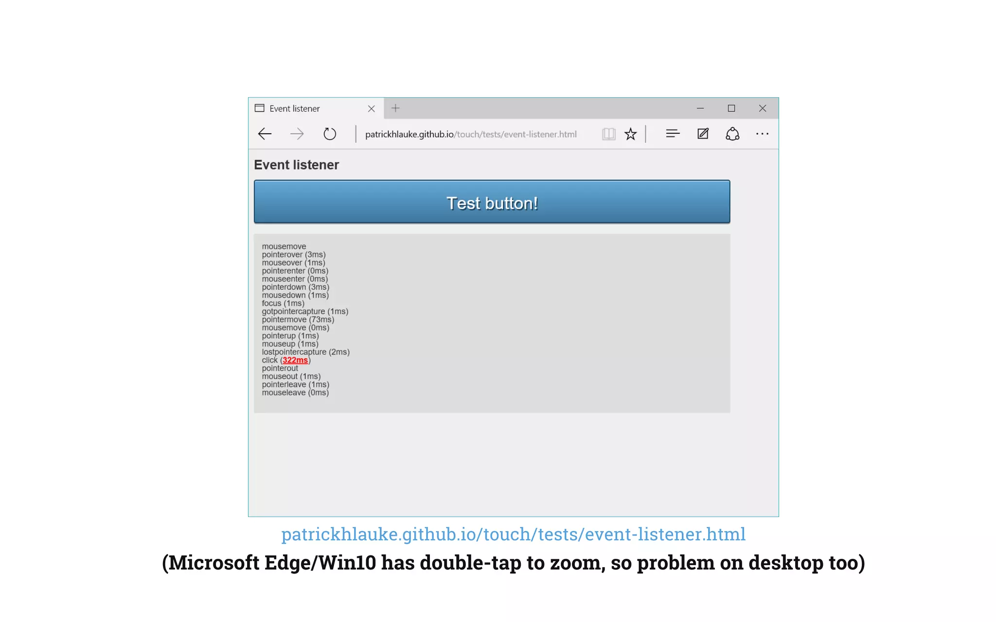 patrickhlauke.github.io/touch/tests/event-listener.html
(Microsoft Edge/Win10 has double-tap to zoom, so problem on desktop too)
 