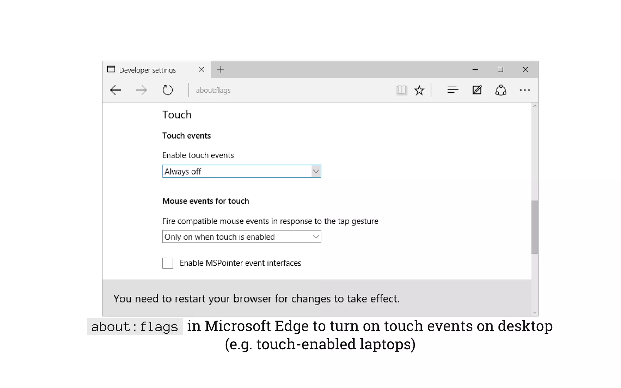 about:flags in Microsoft Edge to turn on touch events on desktop
(e.g. touch-enabled laptops)
 