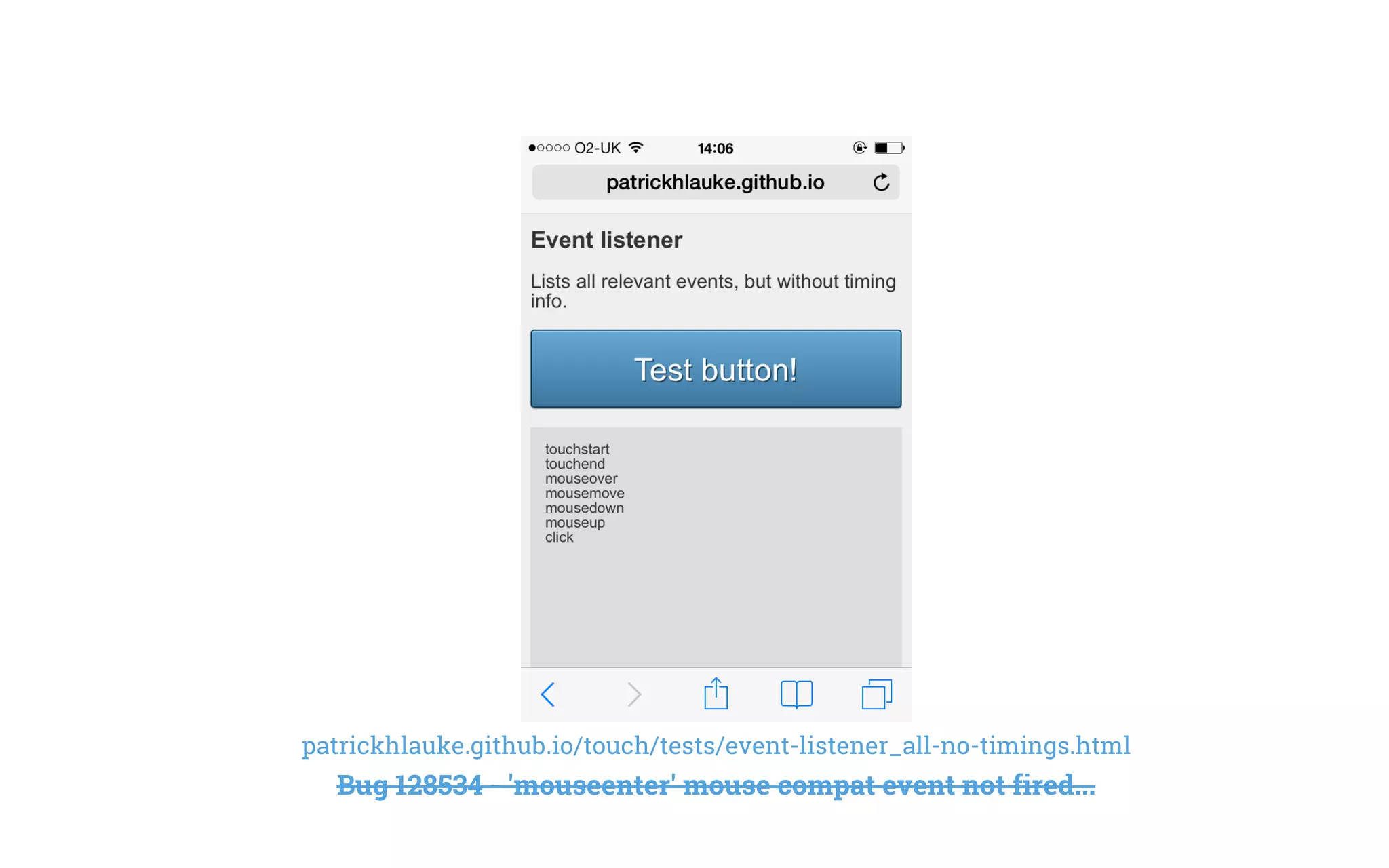 patrickhlauke.github.io/touch/tests/event-listener_all-no-timings.html
Bug 128534 - 'mouseenter' mouse compat event not fired...
 