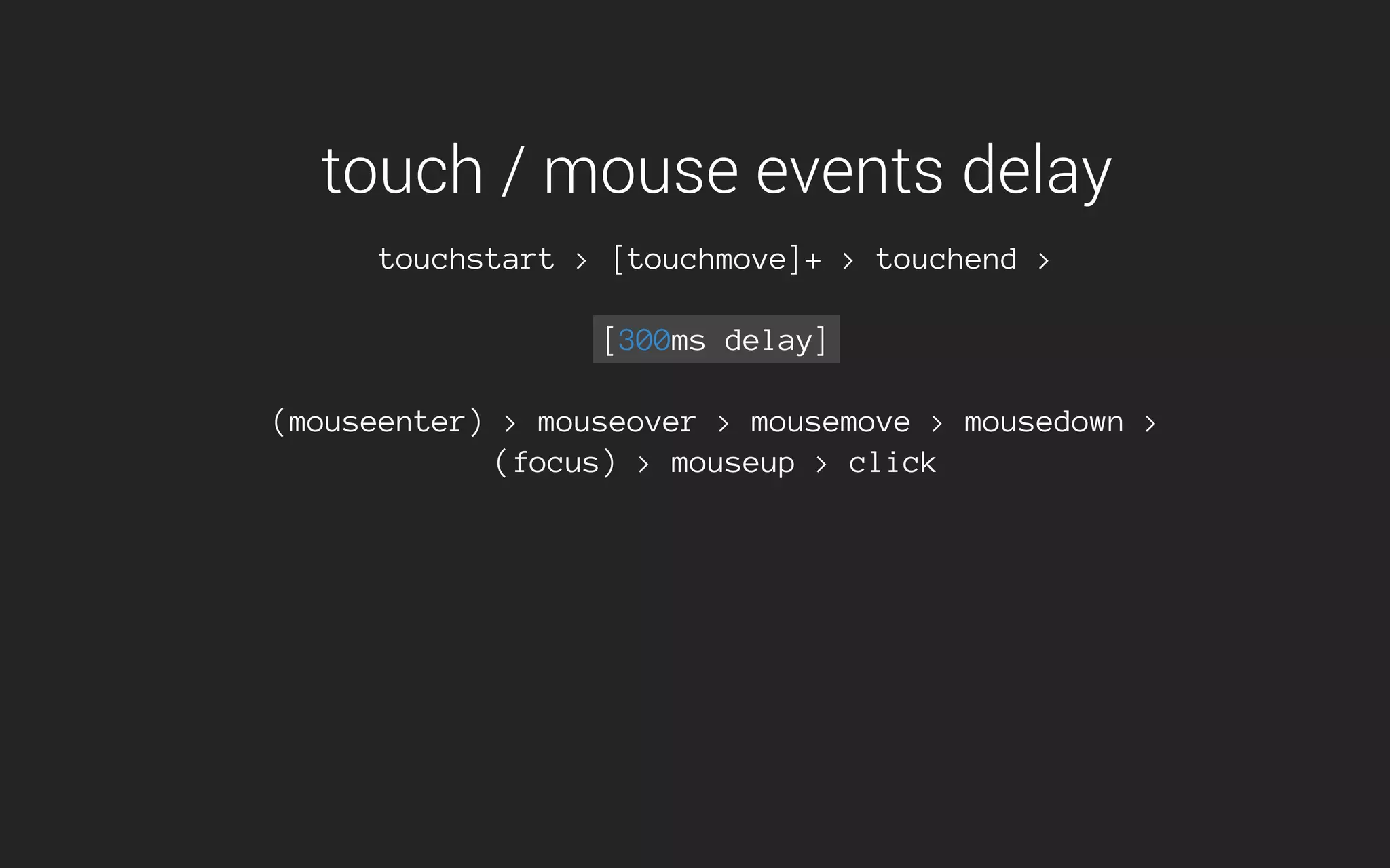 touch / mouse events delay
touchstart > [touchmove]+ > touchend >
[300ms delay]
(mouseenter) > mouseover > mousemove > mousedown >
(focus) > mouseup > click
 
