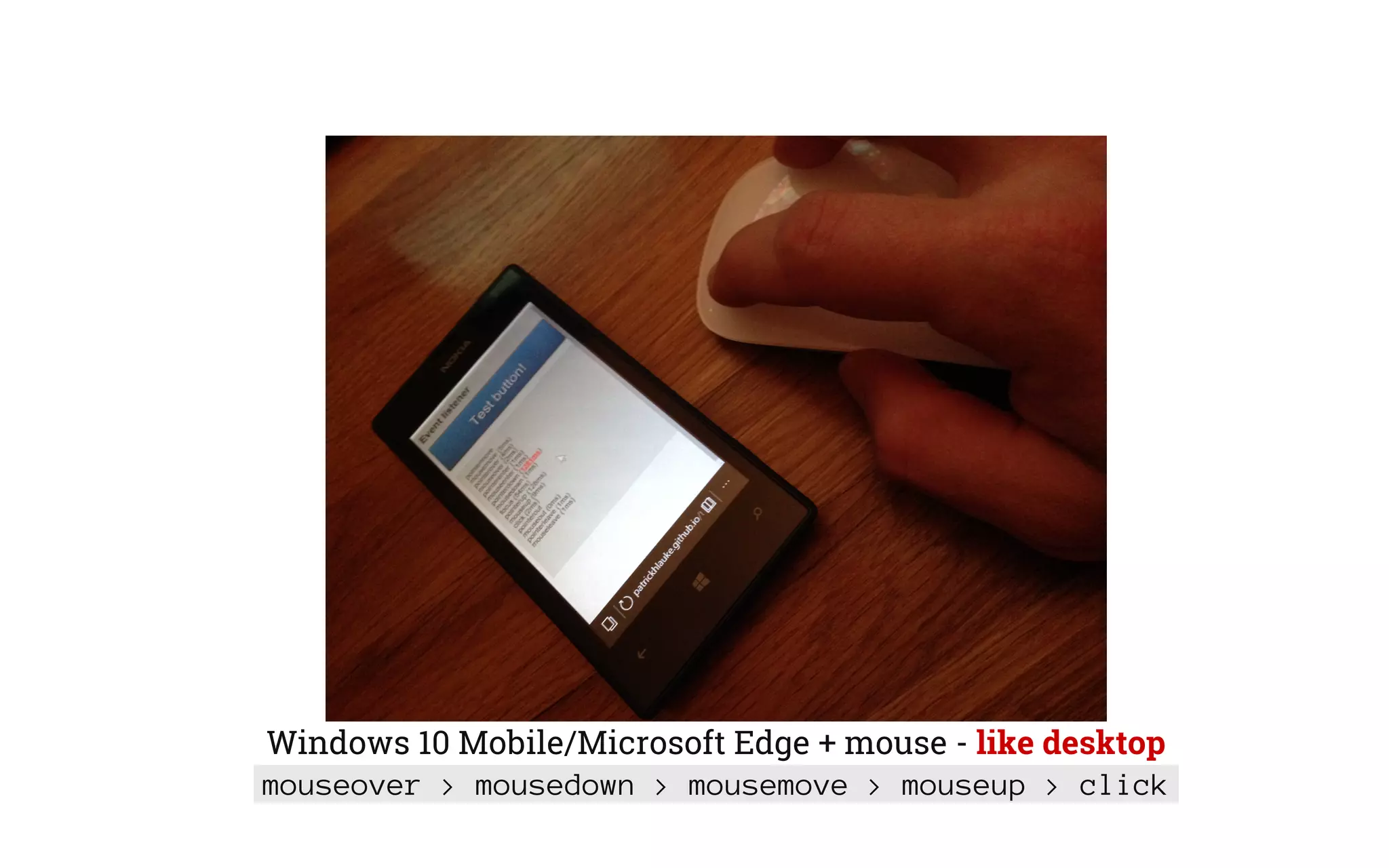Windows 10 Mobile/Microsoft Edge + mouse - like desktop
mouseover > mousedown > mousemove > mouseup > click
 