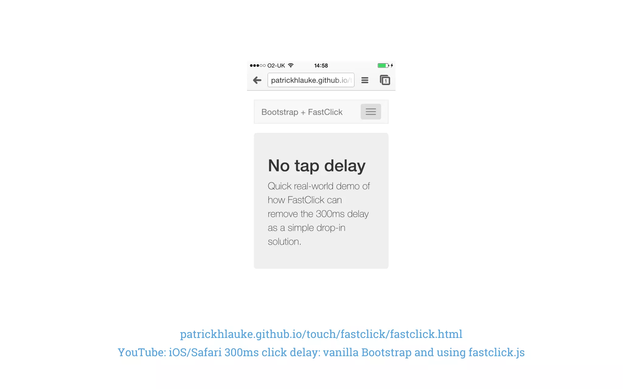 patrickhlauke.github.io/touch/fastclick/fastclick.html
YouTube: iOS/Safari 300ms click delay: vanilla Bootstrap and using fastclick.js
 