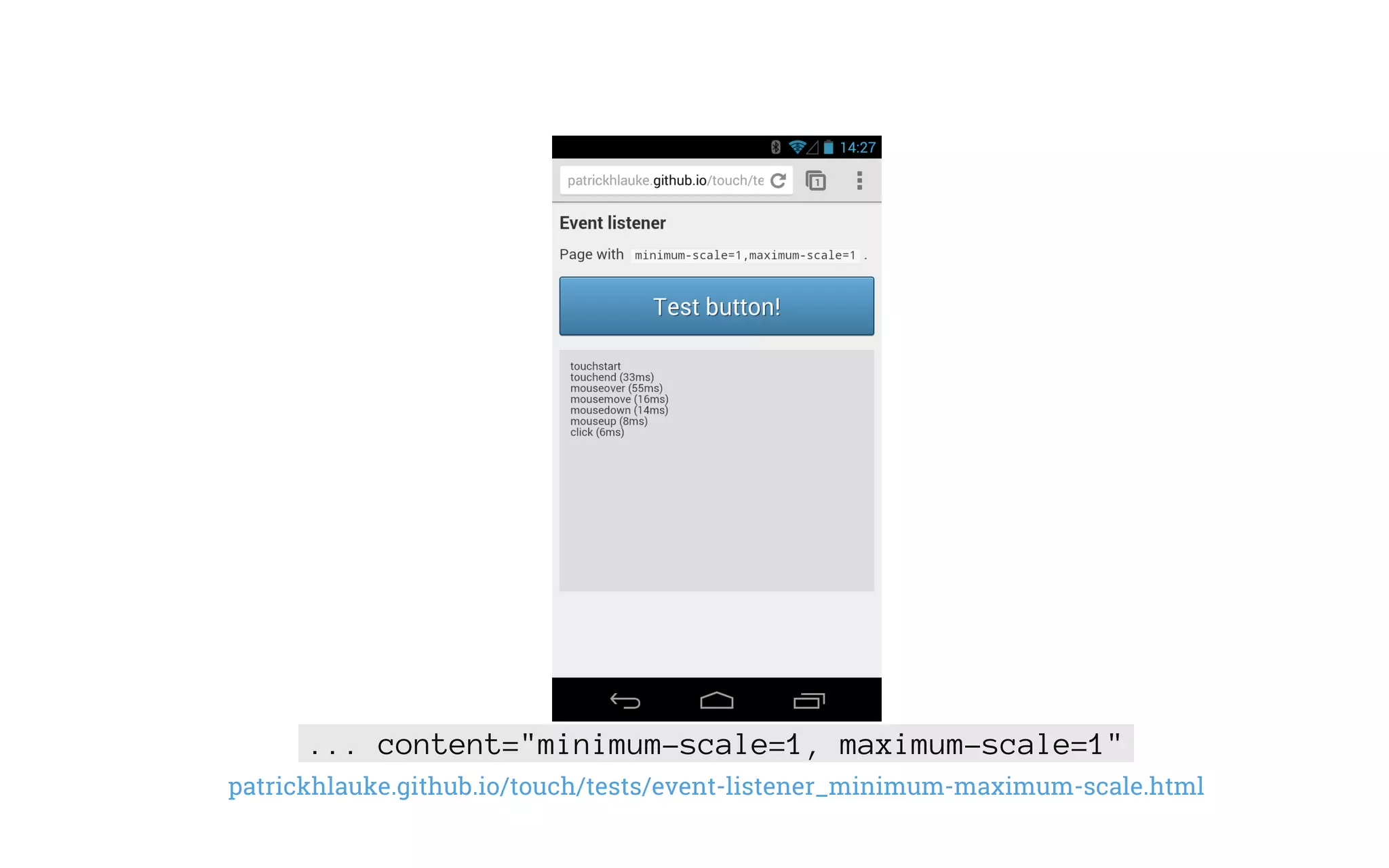 ... content="minimum-scale=1, maximum-scale=1"
patrickhlauke.github.io/touch/tests/event-listener_minimum-maximum-scale.html
 