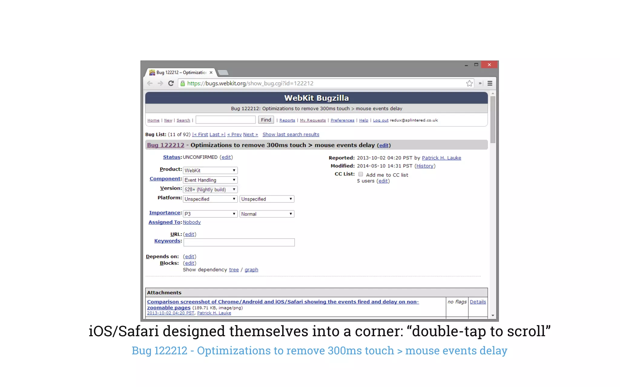 iOS/Safari designed themselves into a corner: “double-tap to scroll”
Bug 122212 - Optimizations to remove 300ms touch > mouse events delay
 