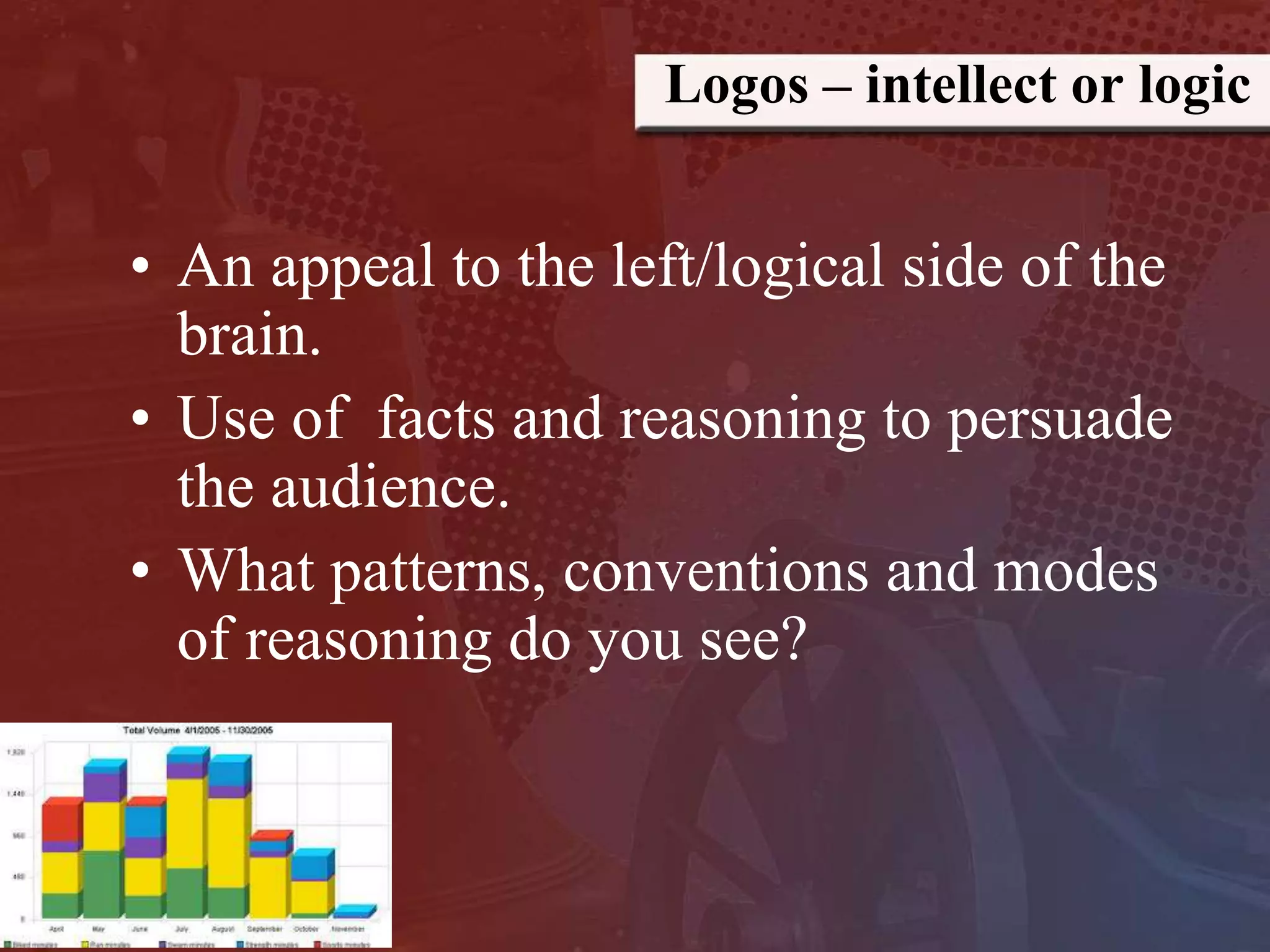 Logos – intellect or logic
• An appeal to the left/logical side of the
brain.
• Use of facts and reasoning to persuade
the audience.
• What patterns, conventions and modes
of reasoning do you see?
 