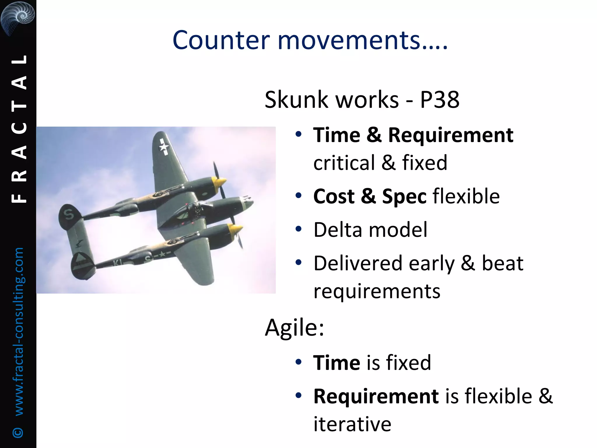 FRACTAL©www.fractal-consulting.com
Counter movements….
Skunk works - P38
• Time & Requirement
critical & fixed
• Cost & Spec flexible
• Delta model
• Delivered early & beat
requirements
Agile:
• Time is fixed
• Requirement is flexible &
iterative
 