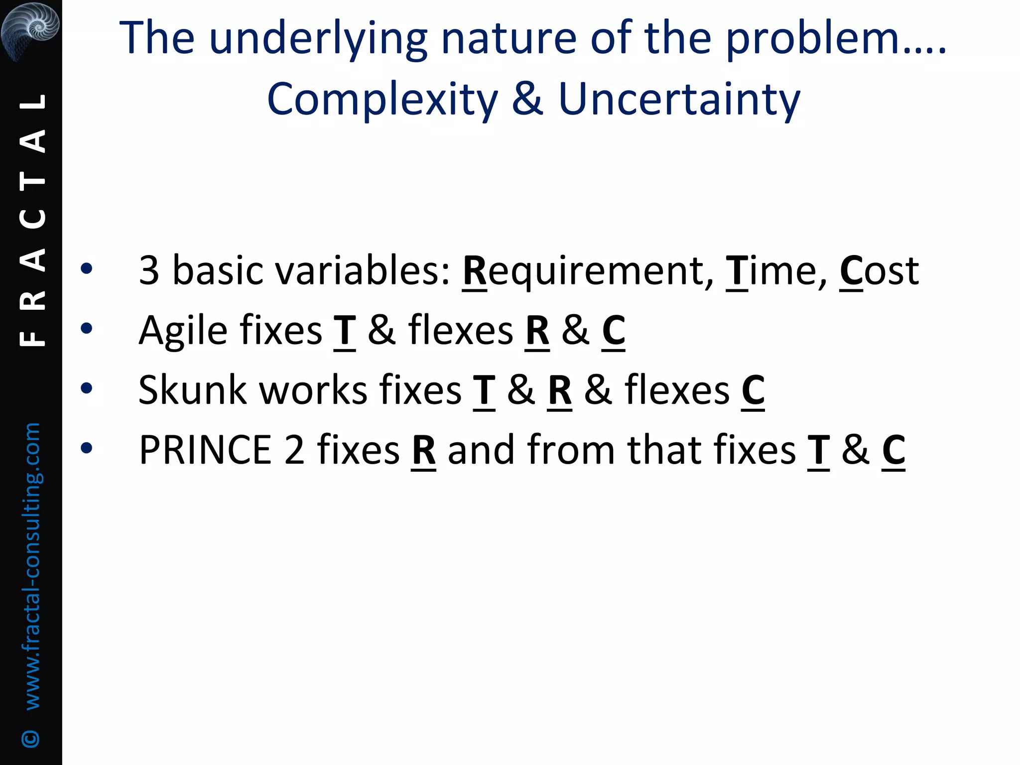 FRACTAL©www.fractal-consulting.com
The underlying nature of the problem….
Complexity & Uncertainty
• 3 basic variables: Requirement, Time, Cost
• Agile fixes T & flexes R & C
• Skunk works fixes T & R & flexes C
• PRINCE 2 fixes R and from that fixes T & C
 