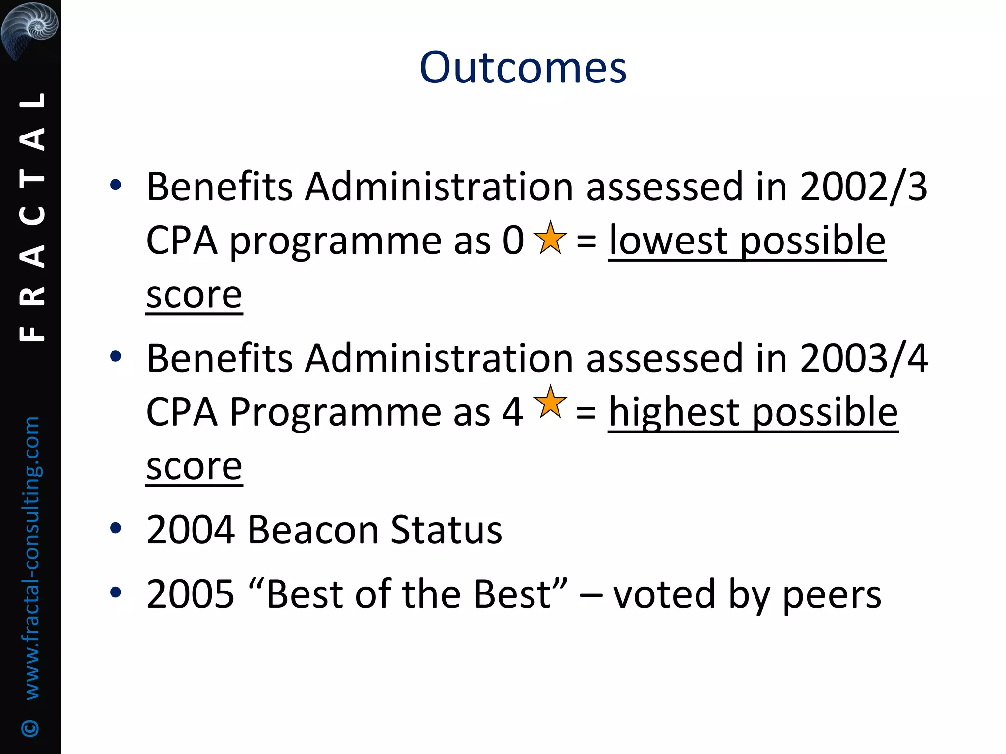 FRACTAL©www.fractal-consulting.com
Outcomes
• Benefits Administration assessed in 2002/3
CPA programme as 0 = lowest possible
score
• Benefits Administration assessed in 2003/4
CPA Programme as 4 = highest possible
score
• 2004 Beacon Status
• 2005 “Best of the Best” – voted by peers
 