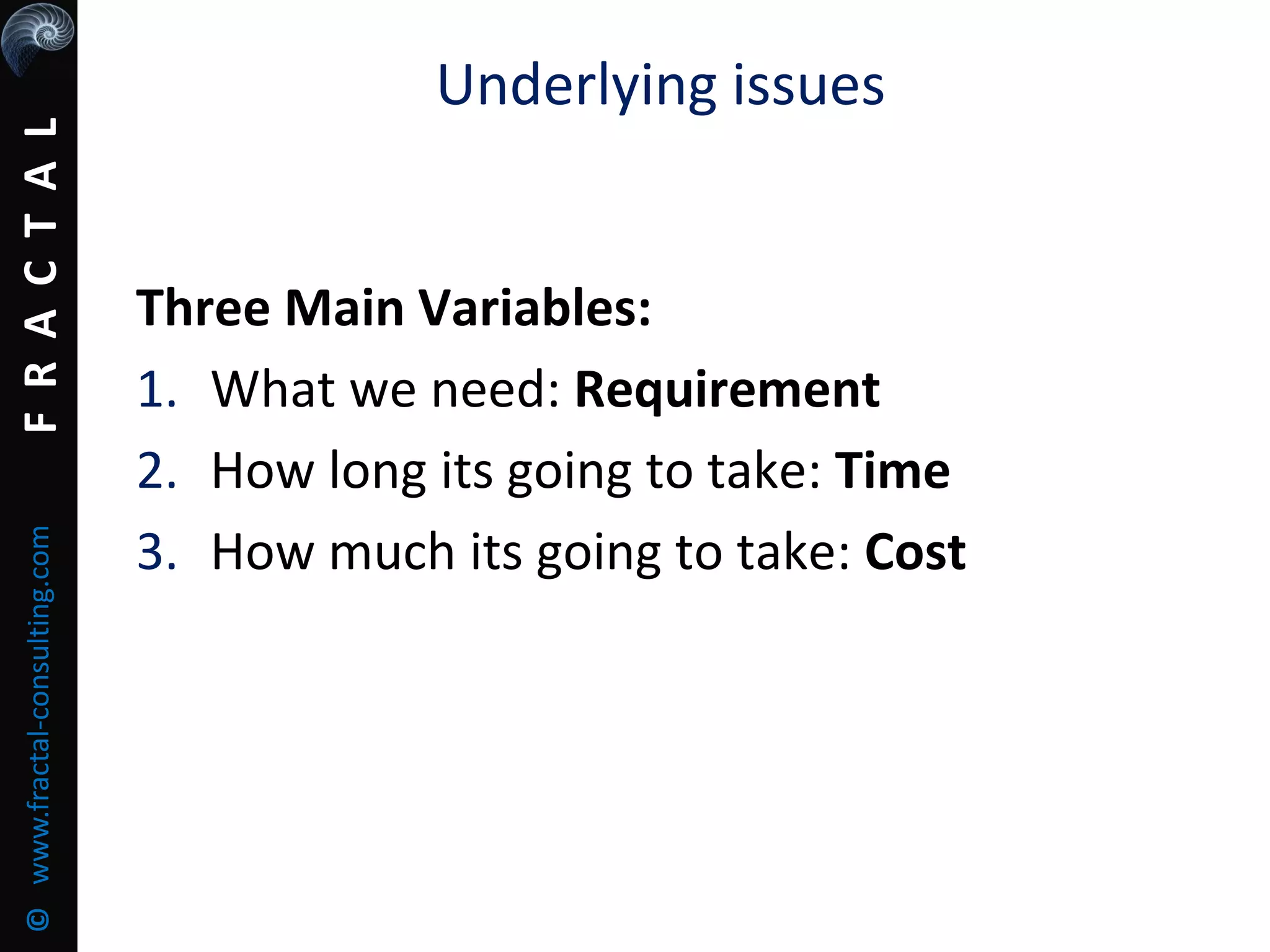 FRACTAL©www.fractal-consulting.com
Underlying issues
Three Main Variables:
1. What we need: Requirement
2. How long its going to take: Time
3. How much its going to take: Cost
 