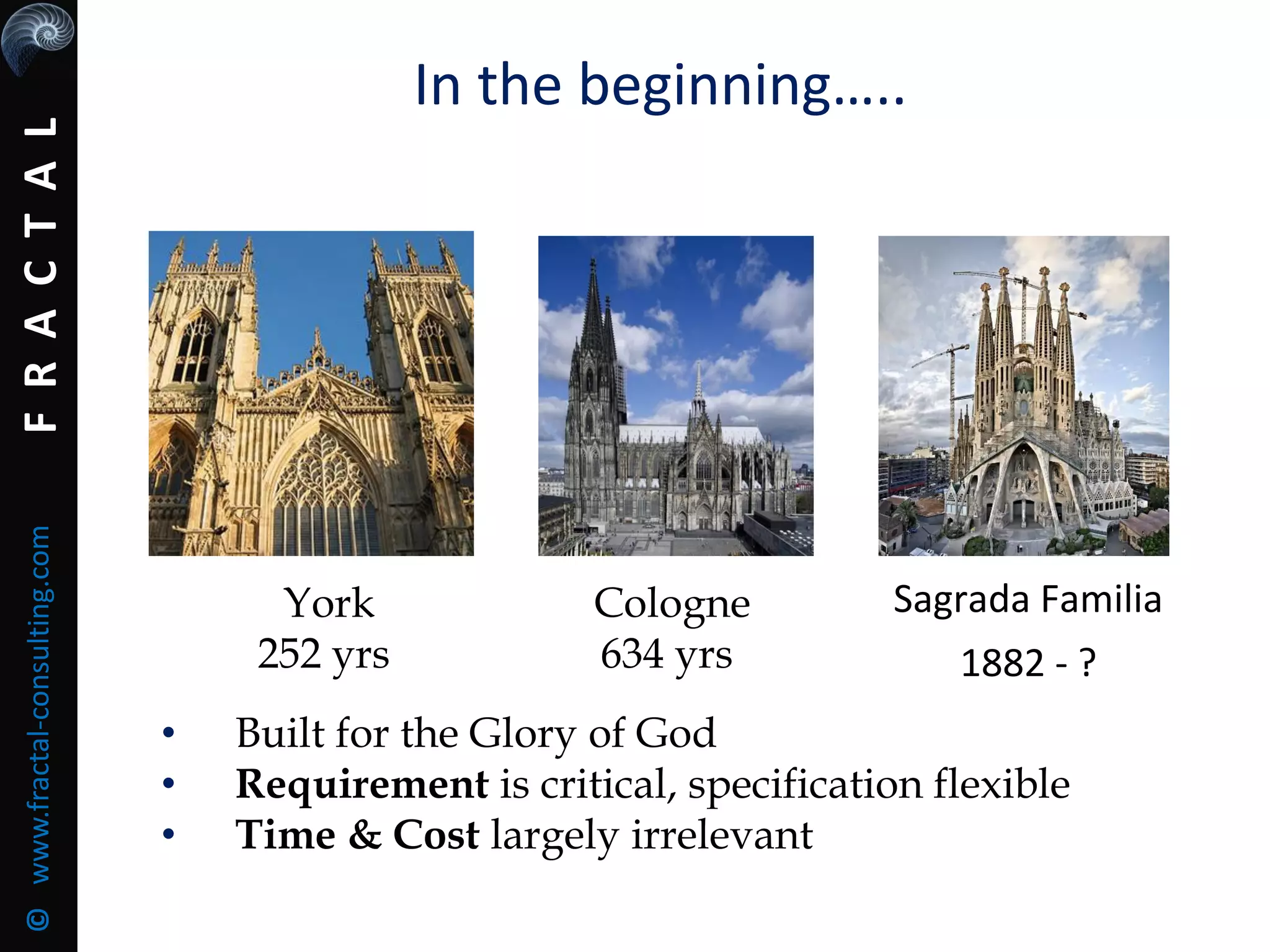 FRACTAL©www.fractal-consulting.com
In the beginning…..
Sagrada Familia
1882 - ?
York
252 yrs
Cologne
634 yrs
• Built for the Glory of God
• Requirement is critical, specification flexible
• Time & Cost largely irrelevant
 
