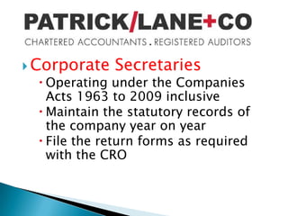 Finance Bill 2010 on its way to enactmentAs agents we prepare and file your tax returns under all headings and in particular Corporation Tax & Income TaxAs consultants we research and plan the best way for dealing with your tax issues and render tax planning advice as required