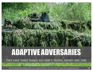 ADAPTIVEADVERSARIES
THEY	HAVE	THREE	THINGS	YOU	DON’T:	PEOPLE,	MONEY	AND	TIME
10patrick.miller@archerenergysolutions.com|	@patrickcmiller	|	+1.503.272.1414	|	www.archerenergysolutions.com
 