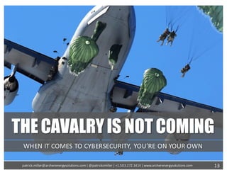 THECAVALRYIS NOTCOMING
WHEN	IT	COMES	TO	CYBERSECURITY,	YOU’RE	ON	YOUR	OWN
13patrick.miller@archerenergysolutions.com|	@patrickcmiller	|	+1.503.272.1414	|	www.archerenergysolutions.com
 