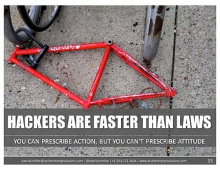 HACKERSARE FASTER THAN LAWS
YOU	CAN	PRESCRIBE	ACTION,	BUT	YOU	CAN’T	PRESCRIBE	ATTITUDE
15patrick.miller@archerenergysolutions.com|	@patrickcmiller	|	+1.503.272.1414	|	www.archerenergysolutions.com
 