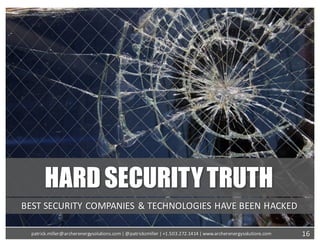 HARDSECURITYTRUTH
BEST	SECURITY	COMPANIES	&	TECHNOLOGIES	HAVE	BEEN	HACKED
16patrick.miller@archerenergysolutions.com|	@patrickcmiller	|	+1.503.272.1414	|	www.archerenergysolutions.com
 