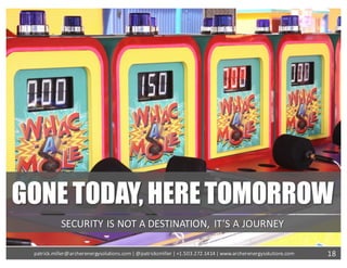 GONE TODAY,HERETOMORROW
SECURITY	IS	NOT	A	DESTINATION,	 IT’S	A	JOURNEY
18patrick.miller@archerenergysolutions.com|	@patrickcmiller	|	+1.503.272.1414	|	www.archerenergysolutions.com
 