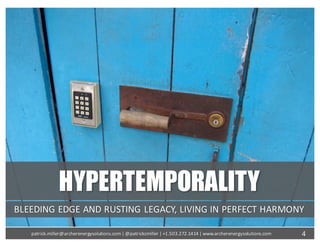 HYPERTEMPORALITY
BLEEDING	EDGE	AND	RUSTING	LEGACY,	LIVING	IN	PERFECT	HARMONY
4patrick.miller@archerenergysolutions.com|	@patrickcmiller	|	+1.503.272.1414	|	www.archerenergysolutions.com
 