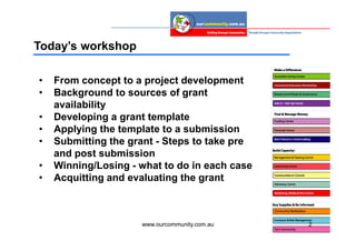 Today’s workshop

•   From concept to a project development
•   Background to sources of grant
    availability
•   Developing a grant template
•   Applying the template to a submission
•   Submitting the grant - Steps to take pre
    and post submission
•   Winning/Losing - what to do in each case
•   Acquitting and evaluating the grant



                     www.ourcommunity.com.au   2
 