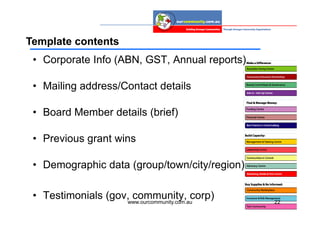 Template contents
 • Corporate Info (ABN, GST, Annual reports)

 • Mailing address/Contact details

 • Board Member details (brief)

 • Previous grant wins

 • Demographic data (group/town/city/region)

 • Testimonials (gov,www.ourcommunity.com.au
                      community, corp)         22
 