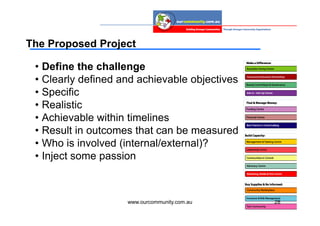 The Proposed Project

 • Define the challenge
 • Clearly defined and achievable objectives
 • Specific
 • Realistic
 • Achievable within timelines
 • Result in outcomes that can be measured
 • Who is involved (internal/external)?
 • Inject some passion



                    www.ourcommunity.com.au    28
 