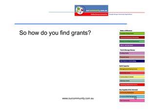 So how do you find grants?




               www.ourcommunity.com.au   12
 