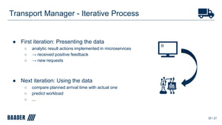 Transport Manager - Iterative Process
● First iteration: Presenting the data
○ analytic result actions implemented in microservices
○ → received positive feedback
○ → new requests
● Next iteration: Using the data
○ compare planned arrival time with actual one
○ predict workload
○ ...
25 / 27
 