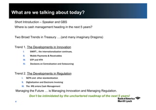 4
What are we talking about today?
Short Introduction – Speaker and GBS
Where is cash management heading in the next 5 years?
Two Broad Trends in Treasury ….(and many imaginary Dragons)
Trend 1. The Developments in Innovation
I.  SWIFT… the internationalization continues,
II.  Mobile Payments & Receivables
III.  STP and HTH
IV.  Decisions on Centralization and Outsourcing
Trend 2. The Developments in Regulation
I.  SEPA and other standardization
II.  Digitalization and Electronic Invoicing
III.  The IRS enters Cash Management
Managing the Future … is Managing Innovation and Managing Regulation.
Don’t be intimidated by the unchartered roadmap of the next 5 years!
 