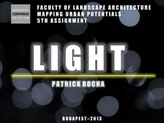 FACULTY OF LANDSCAPE ARCHITECTURE
MAPPING URBAN POTENTIALS
5TH ASSIGNMENT

LIGHT
PATRICK ROCHA

BUDAPEST–2013

 