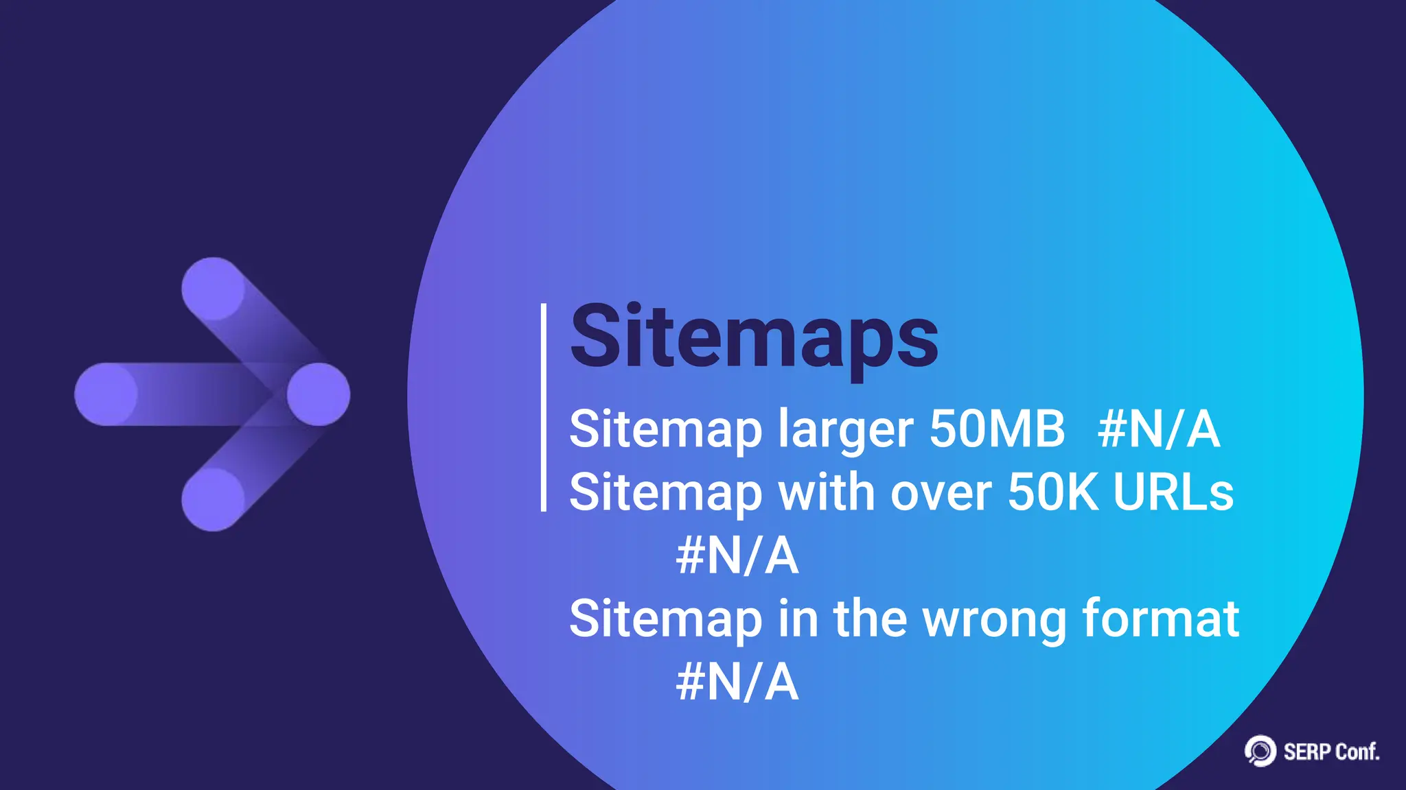 Sitemaps
Sitemap larger 50MB #N/A
Sitemap with over 50K URLs
#N/A
Sitemap in the wrong format
#N/A
 