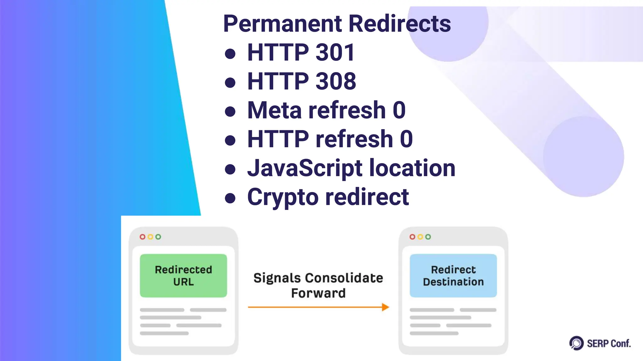 Permanent Redirects
● HTTP 301
● HTTP 308
● Meta refresh 0
● HTTP refresh 0
● JavaScript location
● Crypto redirect
 