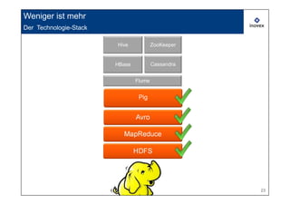 Weniger ist mehr
Der Technologie-Stack

                        Hive            ZooKeeper


                        HBase           Cassandra


                                Flume


                                 Pig


                                Avro

                          MapReduce

                                HDFS




                                                    23
 