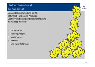 Hadoop beeindruckt
Das Fazit der 1&1
Massendatenverarbeitung bei 1&1
ist für Web- und Media-Analytics,
Logfile-Verarbeitung und Datawarehousing
mit Hadoop messbar



‣   performanter,
‣   kostengünstiger,
‣   skalierbarer,
‣   flexibler,
‣   und zukunftsfähiger.




                                           29
 