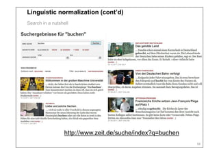Linguistic normalization (cont’d)
Search in a nutshell




                  http://www.zeit.de/suche/index?q=buchen
                                                            58
 