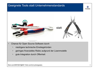 Geeignete Tools statt Unternehmenstandards




                                                      statt




‣   Chance für Open Source Software durch
      ‣    niedrigere technische Einstiegshürden
      ‣    geringes finanzielles Risiko aufgrund der Lizenmodelle
      ‣    gute Integration durch Offenheit



flickr.com/29972647@N07, flickr.com/tnm-photography                 6
 