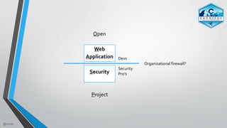 @zmre
Open	
Web	
Application	
Security	
Project
Organizational	firewall?
Devs
Security	
Pro’s
 
