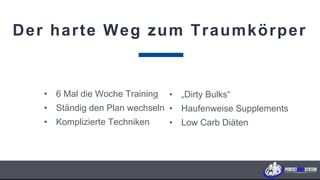 Der harte Weg zum Traumkörper
• 6 Mal die Woche Training
• Ständig den Plan wechseln
• Komplizierte Techniken
• „Dirty Bulks“
• Haufenweise Supplements
• Low Carb Diäten
P E R F E C T B O D Y S Y S T E M
 