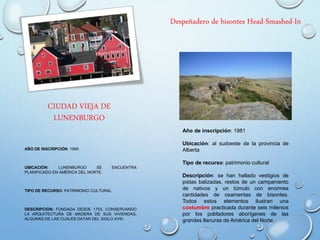 CIUDAD VIEJA DE
LUNENBURGO
AÑO DE INSCRIPCIÓN: 1995
UBICACIÓN: LUNENBURGO SE ENCUENTRA
PLANIFICADO EN AMÉRICA DEL NORTE.
TIPO DE RECURSO: PATRIMONIO CULTURAL
DESCRIPCIÓN: FUNDADA DESDE 1753, CONSERVANDO
LA ARQUITECTURA DE MADERA DE SUS VIVIENDAS,
ALGUNAS DE LAS CUALES DATAN DEL SIGLO XVIII.
Despeñadero de bisontes Head-Smashed-In
Año de inscripción: 1981
Ubicación: al sudoeste de la provincia de
Alberta
Tipo de recurso: patrimonio cultural
Descripción: se han hallado vestigios de
pistas balizadas, restos de un campamento
de nativos y un túmulo con enormes
cantidades de osamentas de bisontes.
Todos estos elementos ilustran una
costumbre practicada durante seis milenios
por los pobladores aborígenes de las
grandes llanuras de América del Norte.
 