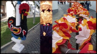Património Cultural Imaterial ou Intangível 
Podem distinguir-se como património cultural imaterial três grupos de bens culturais: 
1 – Os géneros de literatura oral tradicional, como cancioneiros, romanceiros, contos populares, 
paremiologia, rezas,…; 
2 – Manifestações ou referenciais histórico-religiosos: rituais festivos, crenças do sobrenatural, 
lendas e mitos, histórias de vida… 
3 – Manifestações das tradições: trajes, danças, jogos tradicionais, romarias, gastronomia, 
artesanato…. 
Como exemplos do património cultural imaterial português, temos as ruas enfeitadas como 
em Campo Maior, Redondo ou Tomar. Em Campo Maior, por exemplo, as ruas são enfeitadas de 
quatro em quatro anos em Agosto. 
 
