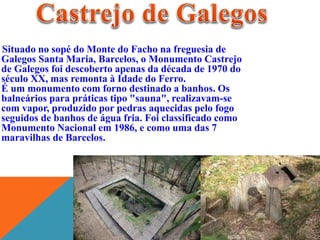 Situado no sopé do Monte do Facho na freguesia de
Galegos Santa Maria, Barcelos, o Monumento Castrejo
de Galegos foi descoberto apenas da década de 1970 do
século XX, mas remonta à Idade do Ferro.
É um monumento com forno destinado a banhos. Os
balneários para práticas tipo "sauna", realizavam-se
com vapor, produzido por pedras aquecidas pelo fogo
seguidos de banhos de água fria. Foi classificado como
Monumento Nacional em 1986, e como uma das 7
maravilhas de Barcelos.

 