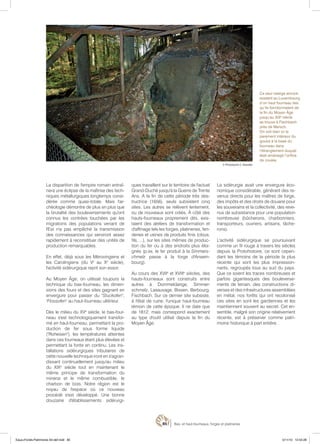 85 Bas- et haut-fourneaux, forges et platineries
La disparition de l'empire romain entraî-
nera une éclipse de la maîtrise des tech-
niques métallurgiques longtemps consi-
dérée comme quasi-totale. Mais l'ar-
chéologie démontre de plus en plus que
la brutalité des bouleversements qu'ont
connus les contrées touchées par les
migrations des populations venant de
l'Est n'a pas empêché la transmission
des connaissances qui serviront assez
rapidement à reconstituer des unités de
production remarquables.
En effet, déjà sous les Mérovingiens et
les Carolingiens (du Ve
au Xe
siècle),
l'activité sidérurgique reprit son essor.
Au Moyen Âge, on utilisait toujours la
technique du bas-fourneau, les dimen-
sions des fours et des sites gagnant en
envergure pour passer du "Stuckofen",
"Flossofen" au haut-fourneau ultérieur.
Dès le milieu du XVe
siècle, le bas-four-
neau s'est technologiquement transfor-
mé en haut-fourneau, permettant la pro-
duction de fer sous forme liquide
("Roheisen"), les températures atteintes
dans ces fourneaux étant plus élevées et
permettant la fonte en continu. Les ins-
tallations sidérurgiques tributaires de
cette nouvelle technique iront en s'agran-
dissant continuellement jusqu'au milieu
du XIXe
siècle tout en maintenant le
même principe de transformation du
minerai et le même combustible, le
charbon de bois. Notre région est le
noyau de l'espace où ce nouveau
procédé s'est développé. une bonne
douzaine d'établissements sidérurgi-
ques travaillent sur le territoire de l'actuel
Grand-Duché jusqu'à la Guerre de Trente
Ans. A la fin de cette période très des-
tructrice (1656), seuls subsistent cinq
sites. Les autres se relèvent lentement,
ou de nouveaux sont créés. À côté des
hauts-fourneaux proprement dits, exis-
taient des ateliers de transformation et
d'affinage tels les forges, platineries, fen-
deries et usines de produits finis (clous,
fils, ...), sur les sites mêmes de produc-
tion du fer ou à des endroits plus éloi-
gnés (p.ex. le fer produit à la Simmers-
chmelz passe à la forge d'Ansem-
bourg).
Au cours des XVIIe
et XVIIIe
siècles, des
hauts-fourneaux sont construits entre
autres à Dommeldange, Simmer-
schmelz, Lasauvage, Bissen, Berbourg,
Fischbach. Sur ce dernier site subsiste,
à l'état de ruine, l'unique haut-fourneau
témoin de cette époque. Il ne date que
de 1812, mais correspond exactement
au type d'outil utilisé depuis la fin du
Moyen Âge.
La sidérurgie avait une envergure éco-
nomique considérable, générant des re-
venus directs pour les maîtres de forge,
des impôts et des droits de douane pour
les souverains et la collectivité, des reve-
nus de subsistance pour une population
nombreuse (bûcherons, charbonniers,
transporteurs, ouvriers, artisans, tâche-
rons).
L'activité sidérurgique se poursuivant
comme un fil rouge à travers les siècles
depuis la Protohistoire, ce sont cepen-
dant les témoins de la période la plus
récente qui sont les plus impression-
nants, regroupés tous au sud du pays.
Que ce soient les traces nombreuses et
parfois gigantesques des bouleverse-
ments de terrain, des constructions di-
verses et des infrastructures assemblées
en métal, nos forêts qui ont recolonisé
ces sites en sont les gardiennes et les
maintiennent souvent au secret. Cet en-
semble, malgré son origine relativement
récente, est à préserver comme patri-
moine historique à part entière.
Ce seul vestige encore
existant au Luxembourg
d’un haut fourneau tels
qu’ils fonctionnaient de
la fin du Moyen Âge
jusqu’au XIXe
siècle
se trouve à Fischbach
près de Mersch.
On voit bien ici le
parement intérieur du
goulot à la base du
fourneau dans
l’étranglement duquel
était aménagé l’orifice
de coulée.
© Photostudio C. Bosseler
Eaux+Forets-Patrimoine A4-def.indd 85 5/11/10 12:54:28
 