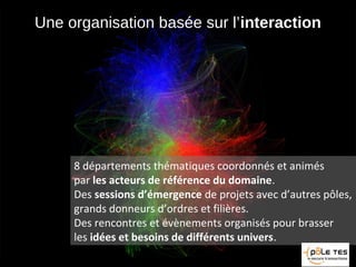 Une organisation basée sur l’interaction
8 départements thématiques coordonnés et animés
par les acteurs de référence du domaine.
Des sessions d’émergence de projets avec d’autres pôles,
grands donneurs d’ordres et filières.
Des rencontres et évènements organisés pour brasser
les idées et besoins de différents univers.
 