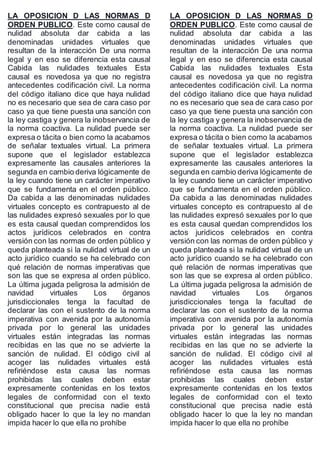 LA OPOSICION D LAS NORMAS D
ORDEN PUBLICO. Este como causal de
nulidad absoluta dar cabida a las
denominadas unidades virtuales que
resultan de la interacción De una norma
legal y en eso se diferencia esta causal
Cabida las nulidades textuales Esta
causal es novedosa ya que no registra
antecedentes codificación civil. La norma
del código italiano dice que haya nulidad
no es necesario que sea de cara caso por
caso ya que tiene puesta una sanción con
la ley castiga y genera la inobservancia de
la norma coactiva. La nulidad puede ser
expresa o tácita o bien como la acabamos
de señalar textuales virtual. La primera
supone que el legislador establezca
expresamente las causales anteriores la
segunda en cambio deriva lógicamente de
la ley cuando tiene un carácter imperativo
que se fundamenta en el orden público.
Da cabida a las denominadas nulidades
virtuales concepto es contrapuesto al de
las nulidades expresó sexuales por lo que
es esta causal quedan comprendidos los
actos jurídicos celebrados en contra
versión con las normas de orden público y
queda planteada si la nulidad virtual de un
acto jurídico cuando se ha celebrado con
qué relación de normas imperativas que
son las que se expresa al orden público.
La última jugada peligrosa la admisión de
navidad virtuales Los órganos
jurisdiccionales tenga la facultad de
declarar las con el sustento de la norma
imperativa con avenida por la autonomía
privada por lo general las unidades
virtuales están integradas las normas
recibidas en las que no se advierte la
sanción de nulidad. El código civil al
acoger las nulidades virtuales está
refiriéndose esta causa las normas
prohibidas las cuales deben estar
expresamente contenidas en los textos
legales de conformidad con el texto
constitucional que precisa nadie está
obligado hacer lo que la ley no mandan
impida hacer lo que ella no prohíbe
LA OPOSICION D LAS NORMAS D
ORDEN PUBLICO. Este como causal de
nulidad absoluta dar cabida a las
denominadas unidades virtuales que
resultan de la interacción De una norma
legal y en eso se diferencia esta causal
Cabida las nulidades textuales Esta
causal es novedosa ya que no registra
antecedentes codificación civil. La norma
del código italiano dice que haya nulidad
no es necesario que sea de cara caso por
caso ya que tiene puesta una sanción con
la ley castiga y genera la inobservancia de
la norma coactiva. La nulidad puede ser
expresa o tácita o bien como la acabamos
de señalar textuales virtual. La primera
supone que el legislador establezca
expresamente las causales anteriores la
segunda en cambio deriva lógicamente de
la ley cuando tiene un carácter imperativo
que se fundamenta en el orden público.
Da cabida a las denominadas nulidades
virtuales concepto es contrapuesto al de
las nulidades expresó sexuales por lo que
es esta causal quedan comprendidos los
actos jurídicos celebrados en contra
versión con las normas de orden público y
queda planteada si la nulidad virtual de un
acto jurídico cuando se ha celebrado con
qué relación de normas imperativas que
son las que se expresa al orden público.
La última jugada peligrosa la admisión de
navidad virtuales Los órganos
jurisdiccionales tenga la facultad de
declarar las con el sustento de la norma
imperativa con avenida por la autonomía
privada por lo general las unidades
virtuales están integradas las normas
recibidas en las que no se advierte la
sanción de nulidad. El código civil al
acoger las nulidades virtuales está
refiriéndose esta causa las normas
prohibidas las cuales deben estar
expresamente contenidas en los textos
legales de conformidad con el texto
constitucional que precisa nadie está
obligado hacer lo que la ley no mandan
impida hacer lo que ella no prohíbe
 