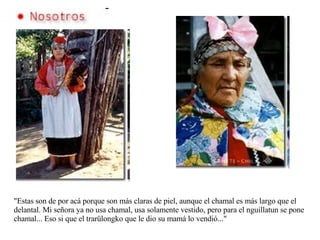 "Estas son de por acá porque son más claras de piel, aunque el chamal es más largo que el delantal. Mi señora ya no usa chamal, usa solamente vestido, pero para el nguillatun se pone chamal... Eso si que el trarülongko que le dio su mamá lo vendió..." 