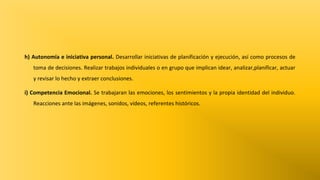 h) Autonomía e iniciativa personal. Desarrollar iniciativas de planificación y ejecución, así como procesos de
toma de decisiones. Realizar trabajos individuales o en grupo que implican idear, analizar,planificar, actuar
y revisar lo hecho y extraer conclusiones.
i) Competencia Emocional. Se trabajaran las emociones, los sentimientos y la propia identidad del individuo.
Reacciones ante las imágenes, sonidos, vídeos, referentes históricos.

 