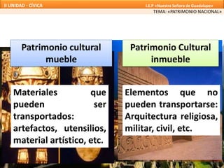 Patrimonio cultural
mueble
Patrimonio Cultural
inmueble
Materiales que
pueden ser
transportados:
artefactos, utensilios,
material artístico, etc.
Elementos que no
pueden transportarse:
Arquitectura religiosa,
militar, civil, etc.
TEMA: «PATRIMONIO NACIONAL»
II UNIDAD - CÍVICA I.E.P «Nuestra Señora de Guadalupe»
 