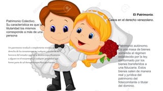 Patrimonio Colectivo.
Su característica es que la
titularidad los mismos
corresponde a más de una
persona
Unpatrimonio residual o simplemente residuo, en el
derecho delos testamentos, es cualquier porción de la
herencia del testador que no se destina específicamente
a alguien en el testamento, o cualquier propiedad que
forme parte de tal donación específica que fracase.
Patrimonio autónomo.
Es una masa de bienes
sometida al régimen
establecido por la ley,
conformado por los
bienes transferidos a
una fiduciaria. Estos
bienes salen de manera
real y jurídica del
patrimonio del
fideicomitante o titular
del dominio.
El Patrimonio.
Casos en el derecho venezolano.
 