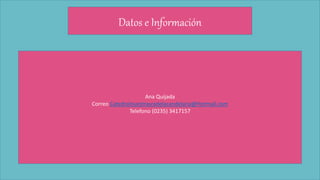 Datos e Información
Ana Quijada
Correo Catedralnuestrasradelacandelaria@Hotmail.com
Telefono (0235) 3417157
 