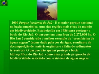   2000 Parque Nacional do Jaú - É o maior parque nacional 
na bacia amazônica, uma das regiões mais ricas do mundo 
em biodiversidade. Estabelecida em 1986 para proteger a 
bacia do Rio Jaú. O parque tem uma área de 2.272.000 ha. O 
Rio Jaú é considerado o melhor exemplo de “ecossistema de 
águas negras” (nome dado pela cor da água, resultante da 
decomposição de matéria orgânica e a falta de sedimentos 
terrestres). O parque não apenas protege a bacia 
hidrográfica do Rio Jaú, como uma grande proporção da 
biodiversidade associada com o sistema de águas negras. 
 