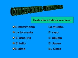 El matrimonio   La muerte, La tormenta   El rayo El arco iris   El abuelo El tullo   El Juveo El alma  EL Cerro  CONCEPCIONES - CREENCIAS Hasta ahora todavía se cree en 